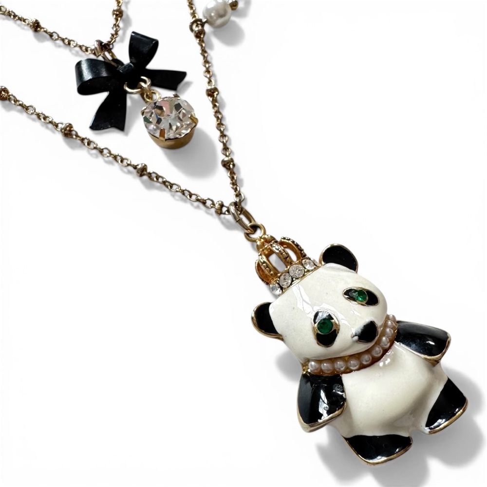 Betsey Johnson Panda Double Strand Necklace HTF Crown Bow Rhinestone